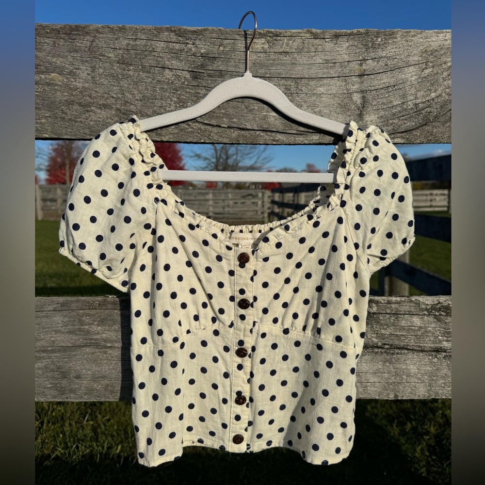 Monteau Los Angeles Button Puff Sleeve Crop Top Polka Dot Cream and Blue Size XS